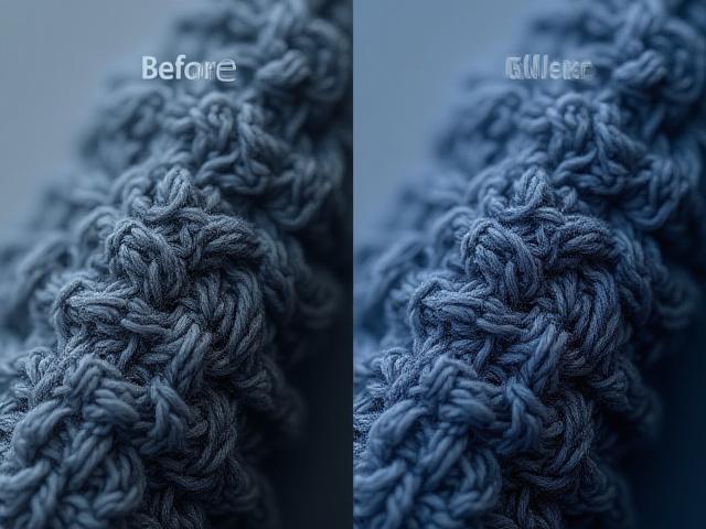 Close-up before and after comparison of fabric texture, showing a soft, blurry image sharpened to reveal intricate details without over-processing.