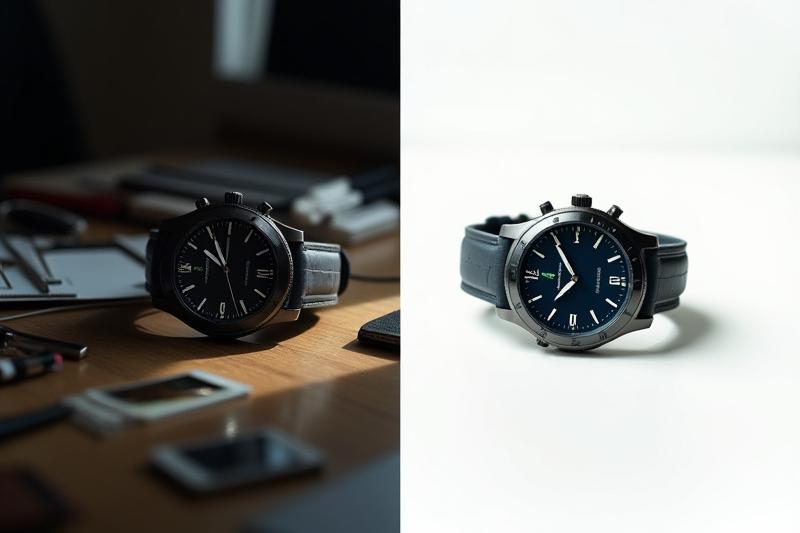 Before and after image editing slider showing a product on a messy background transformed into a professional white background shot