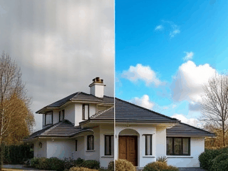 Animated GIF showing sky replacement changing a dull sky to a bright blue sky