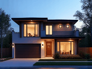 Animated GIF showing a daytime house exterior transforming into a virtual twilight scene